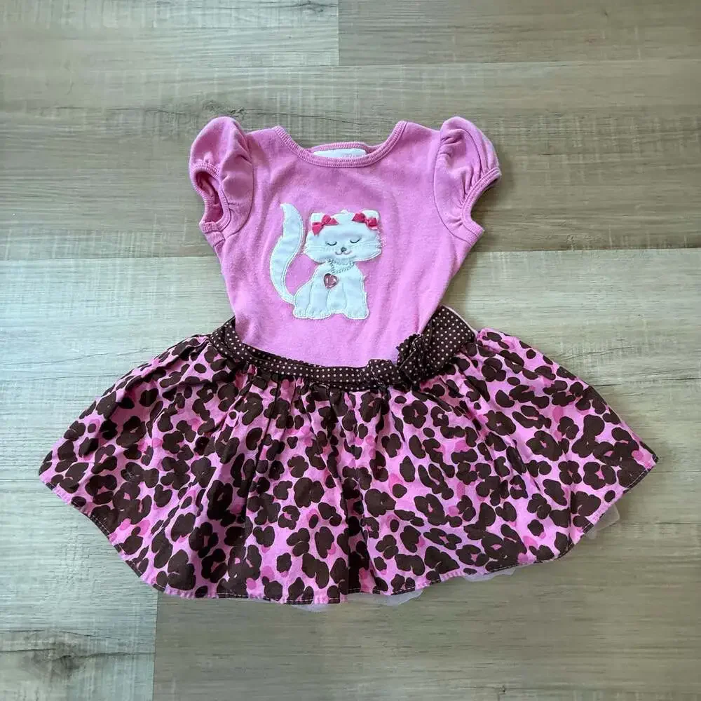 Vintage Bonnie Baby Pink Kitty Cat Leopard Tutu Print Dress
